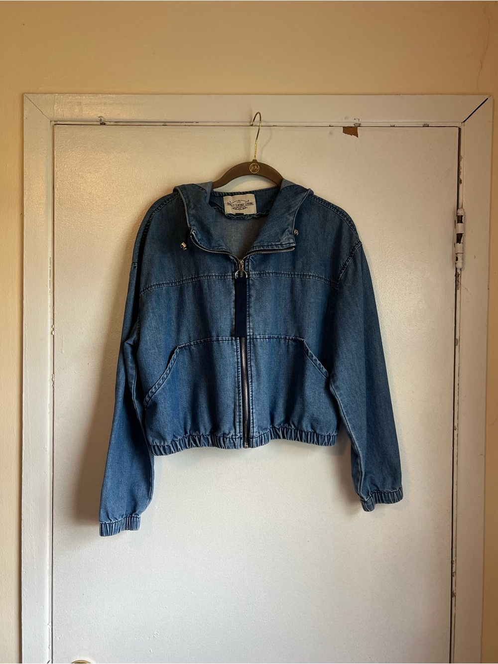 Ashley-Vintage Charm Women's Blue Hooded Denim Jacket Pockets Elastic Hem  Sz L